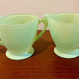 Vintage Dominion Saguenay Sugar and Cream Set Glass Mint Green Cream and Sugar. Made in Canada.