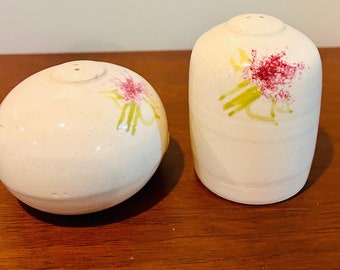 Vintage Hand Made Pottery Salt and Pepper Shakers With Flower Design