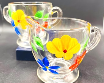 Vintage MCM 1950s Bartlett Collins Sugar Bowl & Creamer Set, Hand-Painted Flowers