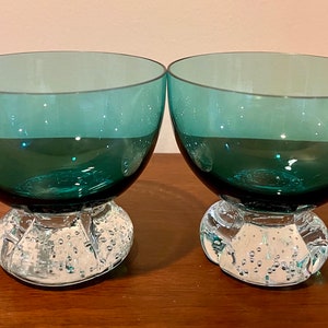 Two Vintage MCM Blue Glass Dessert/Parfait Dishes with Footed Bubble Base