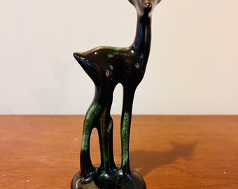 Vintage Made in Canada Red Clay Blue Mountain Pottery Deer Figurine with Reflowing Decoration Blue/Green