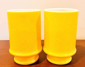 2 tazas vintage Anchor Hocking con base amarilla de cáscara de limón, vasos de vidrio con leche MCM