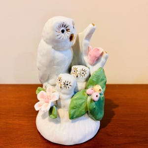 Vintage Porcelain Owl Family Figurine: Gold Trim Collectible Statue