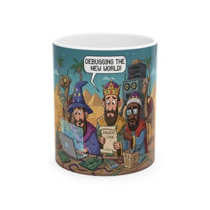 Peut inclure: Mug en céramique blanche avec une illustration de dessin animé coloré. L'image représente trois personnages en tenue royale, travaillant sur des ordinateurs portables et de l'électronique dans un cadre désertique. Le texte dit "Debugging the New World!" et "Ancient Code."