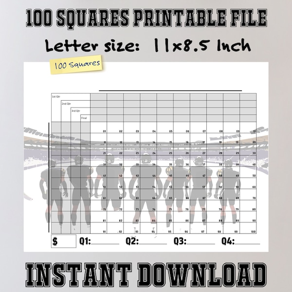 2024 Super Bowl LVIII Numbered Quarters Grid, Printable 100 Squares Design, Instant 11x8.5 JPG, Football Page Template #01