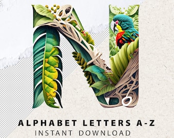 Jungle Vine & Parrot Letters PNG Numbers Set Jungle Bundle A-Z Alphabet AI-Generated Text Effect Printable Digital Files Instant Download