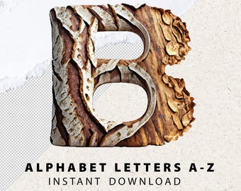 Tree Bark Alphabet PNG Set, Rustic Font (Digital Download)