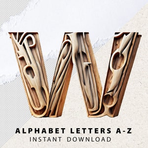 Set di lettere e numeri PNG con venature del legno Pacchetto di legno Alfabeto A-Z Effetto testo con venature del legno generato dall'intelligenza artificiale File digitali stampabili Download immediato