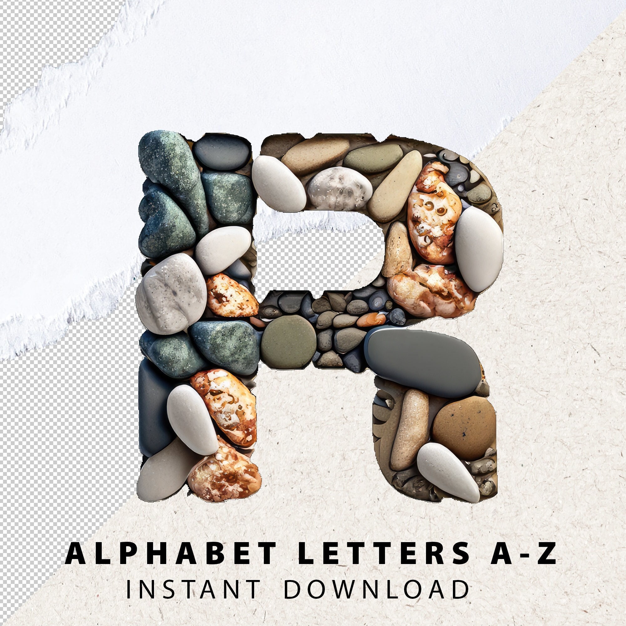 Rocks and Stones Letters PNG Numbers Set Stones Bundle A-Z Alphabet AI-Generated Stones Text Effect Printable Digital Files Instant Download