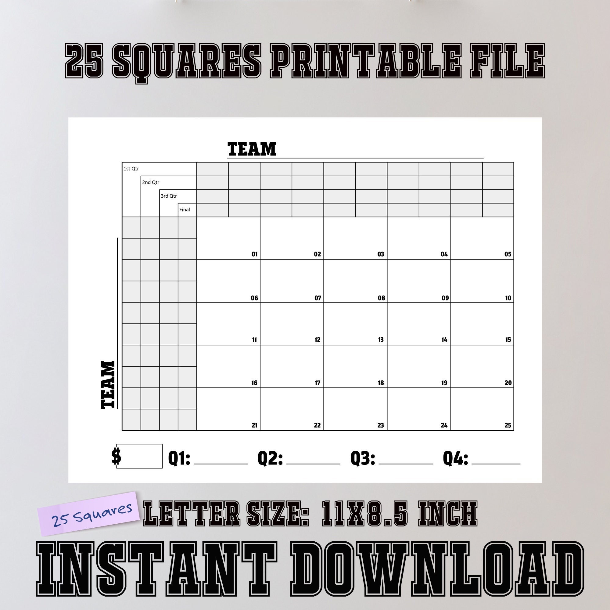 printable football 25 squares quarters numbers squares game