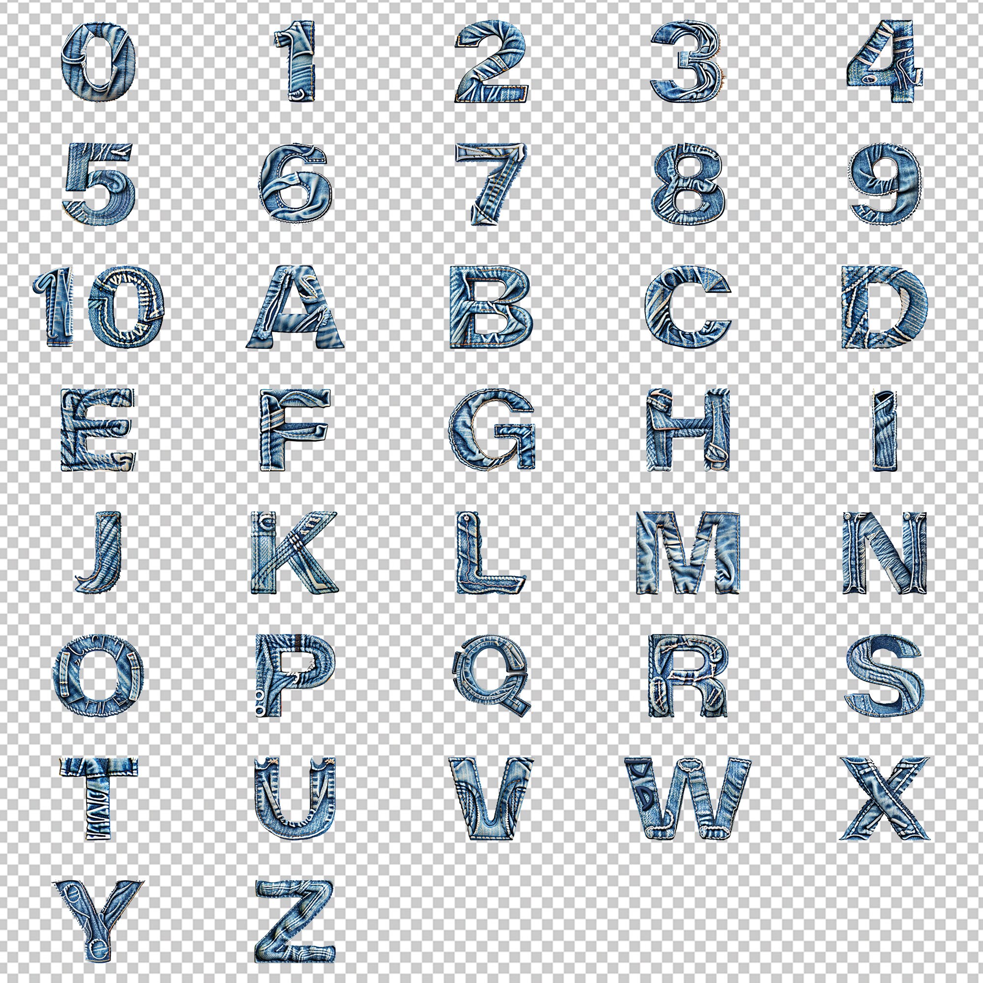 Denim Jeans PNG Letters and Numbers Set Jeans Bundle A-Z