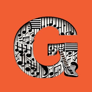 May include: Black and white letter G made of musical notes and lines. The letter is on an orange background.
