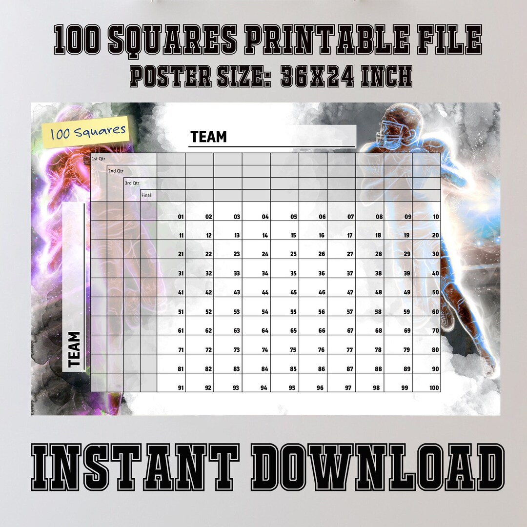 Printable Super Bowl Squares 4 Quarters 100 Numbers Squares Game 