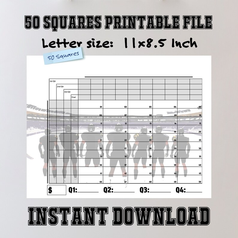 2025 Super Bowl LVIII Numbered Quarters Grid, Printable 50 Squares Design, Instant 11x8.5 JPG 