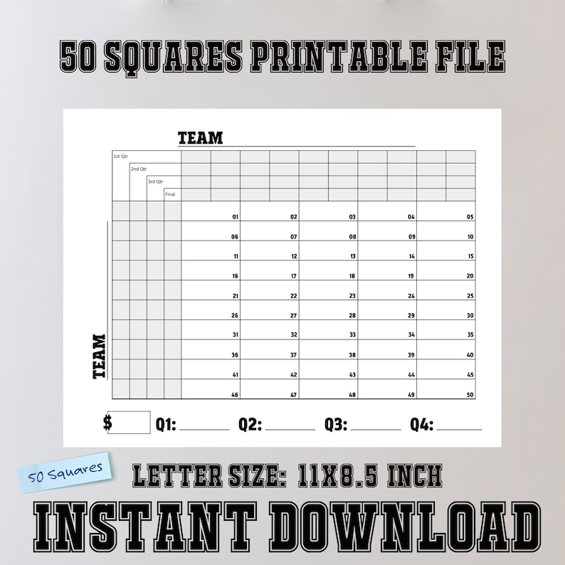 Printable Football 50 Squares Quarters Numbers | Squares Game | Instant ...