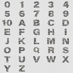 May include: A set of musical note alphabet letters and numbers. The letters and numbers are made up of musical notes and symbols. The letters are in black and white and are on a transparent background.