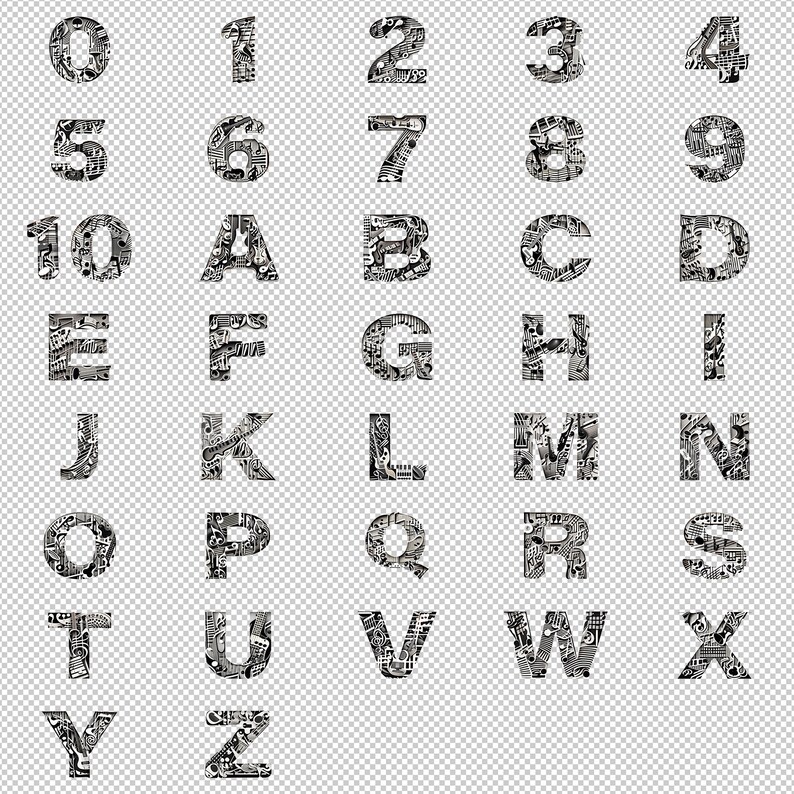 May include: A set of musical note alphabet letters and numbers. The letters and numbers are made up of musical notes and symbols. The letters are in black and white and are on a transparent background.