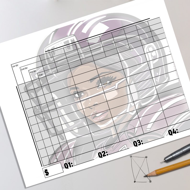 Super Bowl LVIII 2024 Quarters Grid Page Design, Printable 50 Squares