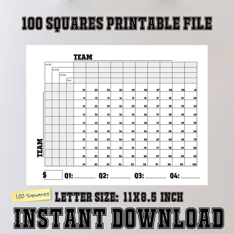 Printable Football Squares Quarters 100 Numbers Squares Game Instant Printable Football Squares Quarters 100 Numbers Squares Game Instant