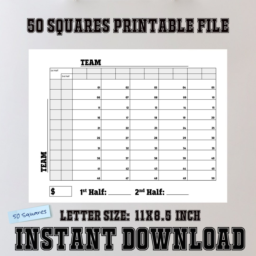 Printable Football 50 Squares Halftime Numbers Squares Game Instant ...