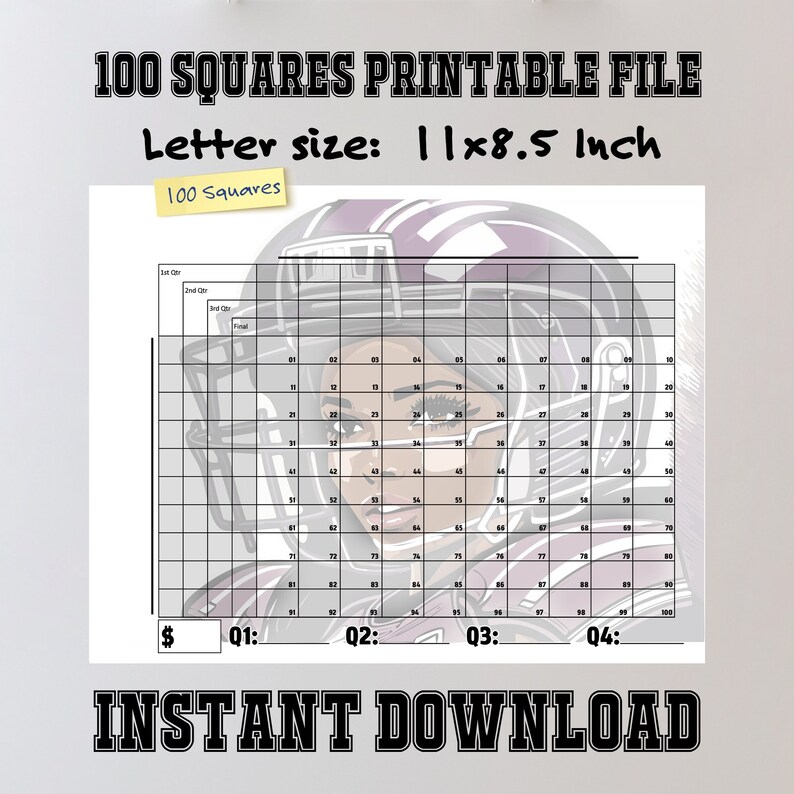 2024 Super Bowl LVIII Numbered Quarters Grid, Printable 100 Squares