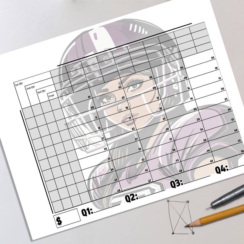 2025 Super Bowl LVIII Numbered Quarters Grid, Printable 50 Squares Design, Instant 11x8.5 JPG 