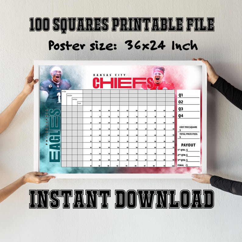 Football Squares Poster for the Big Game 2025 100 Numbered Squares ...