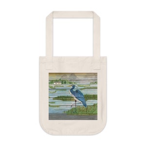 Blue Heron Organic Canvas Tote Bag, Pawleys Island, South Carolina, Marsh, Beach House gift, Nature bird, Pawleys Island Chapel