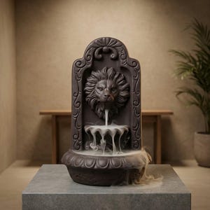 May include: A dark brown, wall-mounted style fountain featuring a sculpted lion head at the top. Water flows from the lion's mouth into a scalloped basin below, creating a cascading effect with visible mist or vapor flowing over the edges.