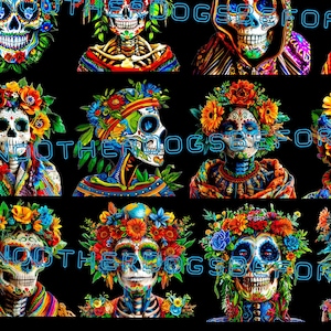 May include: Twelve colorful Day of the Dead sugar skull illustrations with floral headbands. Each skull is painted with bright colors and intricate designs. The skulls are set against a black background.