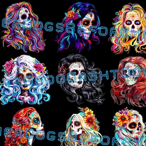 Calaveras de azúcar, chicas, clipart PNG, clipart de calavera, ilustración a todo color de calavera, clipart ocultista, clipart wiccan, calavera de azúcar, impresión de calavera, POD Optimize