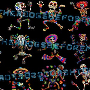 May include: Twelve colourful skeleton figures with painted skulls and flowers, wearing sombreros and traditional Mexican clothing. The skeletons are dancing and have a festive, Day of the Dead theme.