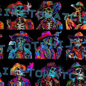 Puede incluir: Un collage digital de nueve imágenes con figuras esqueléticas coloridas que llevan sombreros y fuman cigarros. Las figuras se representan sobre un fondo negro con texto azul neón que dice "Me gusta ver tamales calientes".