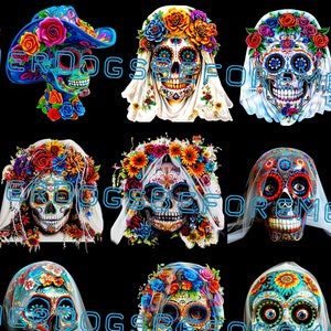 May include: A series of vibrant Day of the Dead skull illustrations. Each skull is decorated with bright floral designs, detailed patterns, and some are wearing hats or veils. The skulls are set against a black backdrop.