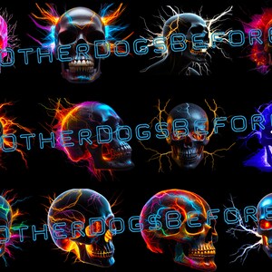 May include: Twelve colourful skull designs with neon lightning bolts and the text "No other dogs before me" repeated throughout the image.