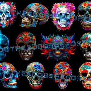 May include: Twelve colourful sugar skull designs with floral and geometric patterns. The skulls are all different colours and have different designs.
