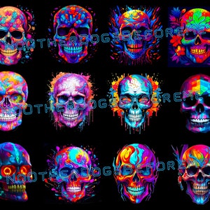 May include: Twelve colourful skull illustrations on a black backdrop. Each skull is intricately designed and features a range of bright colours, such as pink, blue, yellow, and green. The text "NO OTHER DOGS BEFORE ME" is visible in the image.
