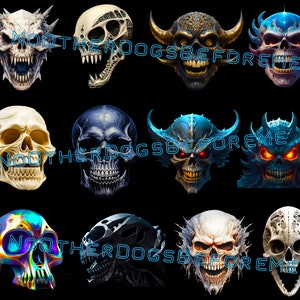 May include: A collection of 10 skull designs featuring a variety of colours, textures, and details. Some skulls have horns, glowing eyes, and intricate patterns. The skulls are set against a black background.
