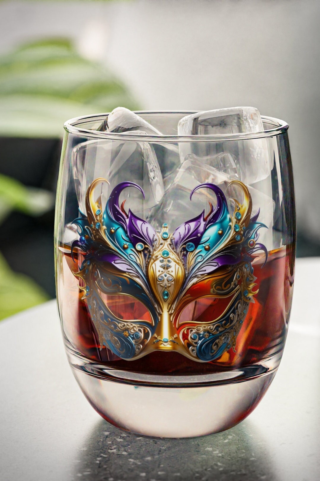 Mardi Gras Ribbon Double Old Fashion Whisky Glass