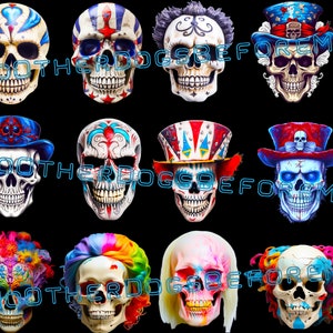 May include: Twelve colourful skull designs with various hats and hairstyles. The skulls are painted in bright colours, including red, blue, green, yellow, and white. Some of the skulls have a Day of the Dead theme.