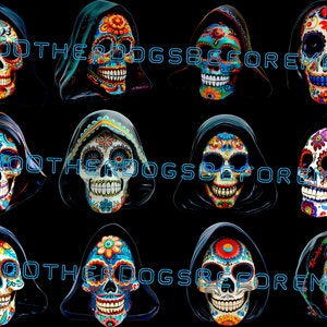 May include: Twelve colourful sugar skull designs with black hoods. Each skull is decorated with flowers and intricate patterns.
