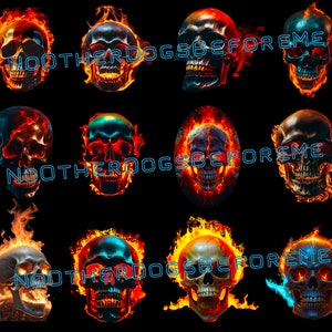 Könnte beinhalten: Zwölf flammende Schädel in verschiedenen Farben und Posen, mit dem Text "No other dogs before me", der dreimal in blauem Neon wiederholt wird.