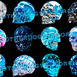 May include: Twelve different crystal skull sculptures in various colours, including clear, blue, silver, and black. The skulls are all detailed and have a faceted, geometric design.