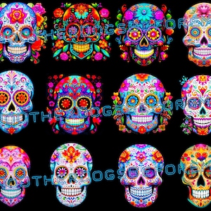 May include: Ten colourful sugar skull designs with intricate floral patterns and bright colours. The skulls are all smiling and have a festive feel.