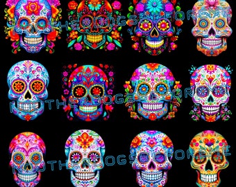 May include: Ten colorful sugar skull designs with intricate floral patterns and bright colors. The skulls are all smiling and have a festive feel.