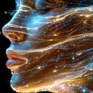 May include: A profile view of a human face rendered in a golden metallic texture, overlaid with flowing, luminous blue and white light filaments that resemble fibre optics or stardust, set against a deep black background with sparkling particles.