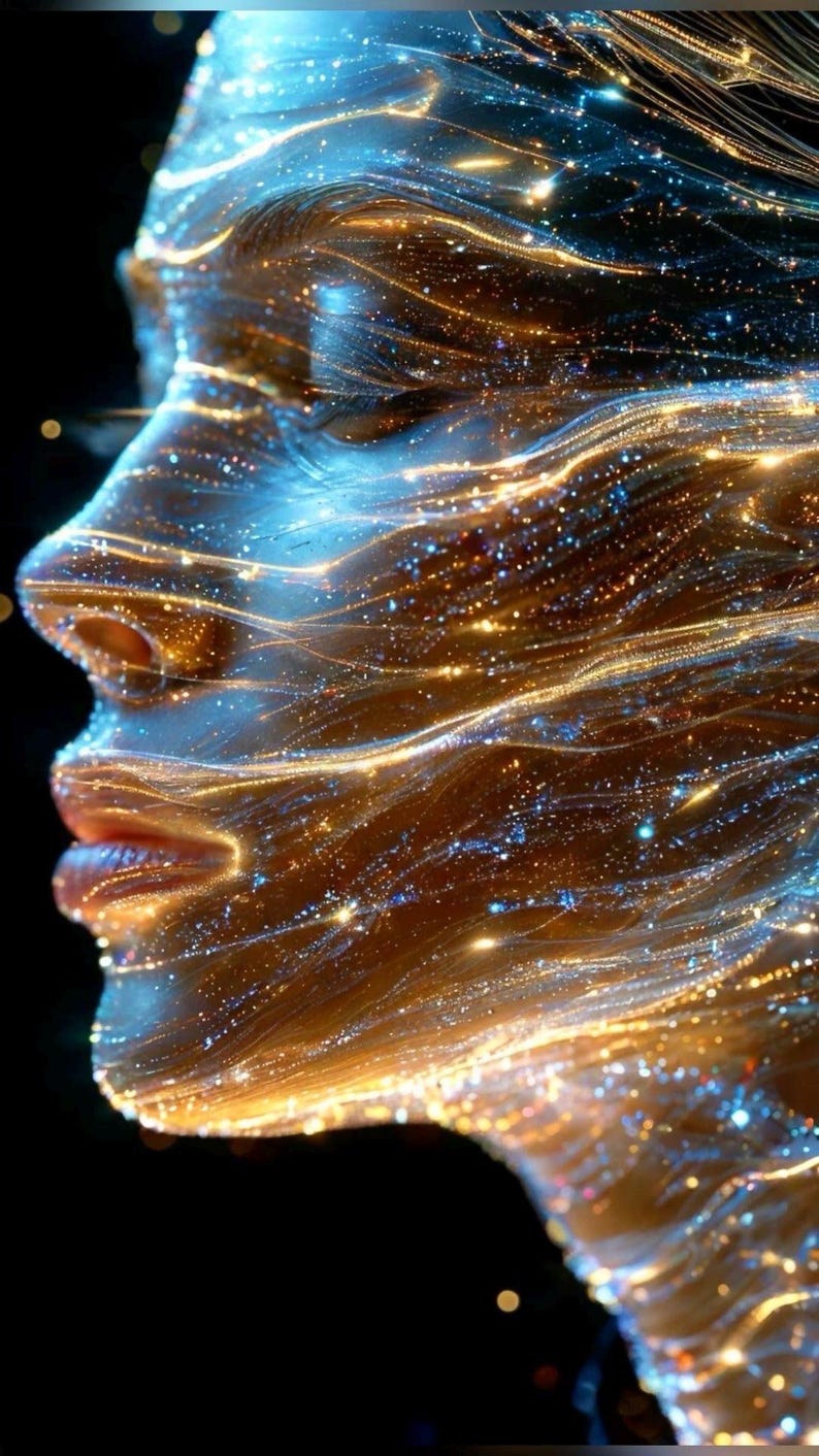 May include: A profile view of a human face rendered in a golden metallic texture, overlaid with flowing, luminous blue and white light filaments that resemble fibre optics or stardust, set against a deep black background with sparkling particles.