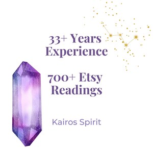 May include: A purple and blue double-terminated crystal graphic with white text reading 33+ Years Experience, 700+ Etsy Readings, and Kairos Spirit, accompanied by a gold constellation illustration on a plain white background.