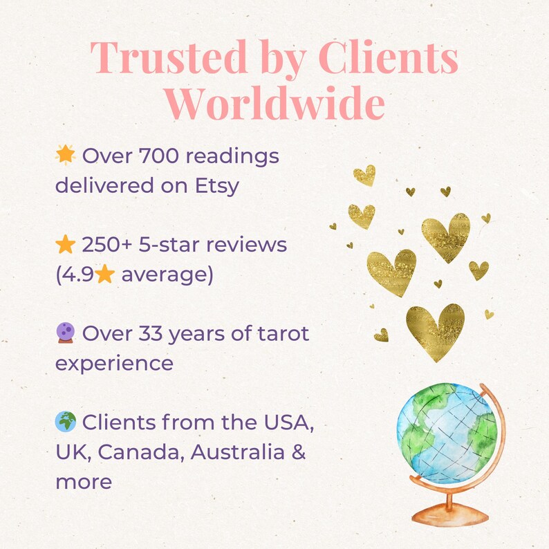 May include: An informational graphic titled Trusted by Clients Worldwide. It lists over 700 Etsy readings, 250+ 5-star reviews with a 4.9 average, 33 years of tarot experience, and a global client base. Includes gold heart icons and a globe illustration.
