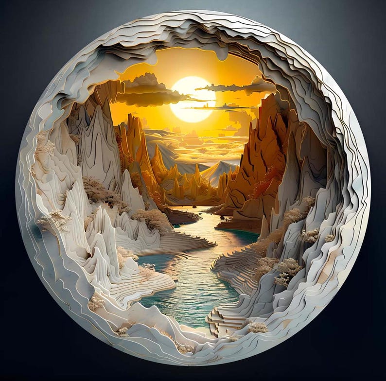 May include: A circular layered paper art piece depicting a mountainous landscape with a river flowing through a valley. The scene features white paper cutouts creating depth, with a bright yellow sun setting over orange and gold peaks in the distance.